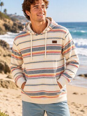 O'Neill Men's Large Striped Woven Pullover Cream Multi Surf Baja Beach Hoodie